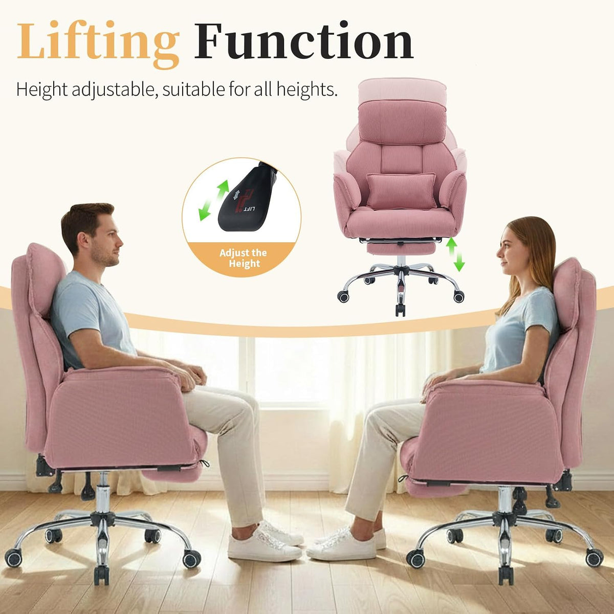 Criss Cross Office Chair with Footrest - 5-Gear Flat Armrests Corduroy Desk Chair, Reclining Wide Ergonomic Computer Chair with Lumbar Pillow, High Back Swivel Vanity Chair