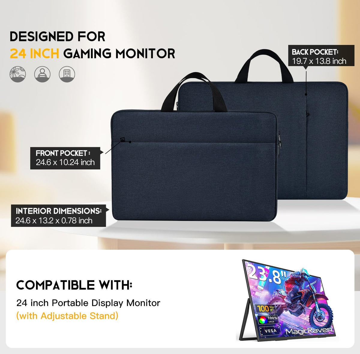 23.8-24 inch Portable Monitor Sleeve Padded Shockproof Carry Handle Case