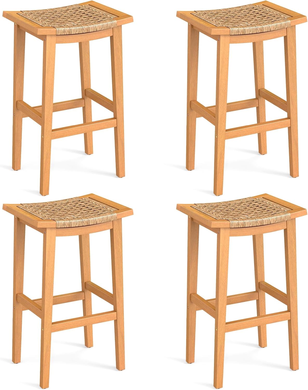 Giantex Outdoor Wooden Bar Stools Set of 4, 29" Backless Patio Barstools with PE Rattan Saddle Seat & Footrest, Solid Acacia Wood Bar Height Stools for Porch, Garden, Backyard, Poolside, Armless