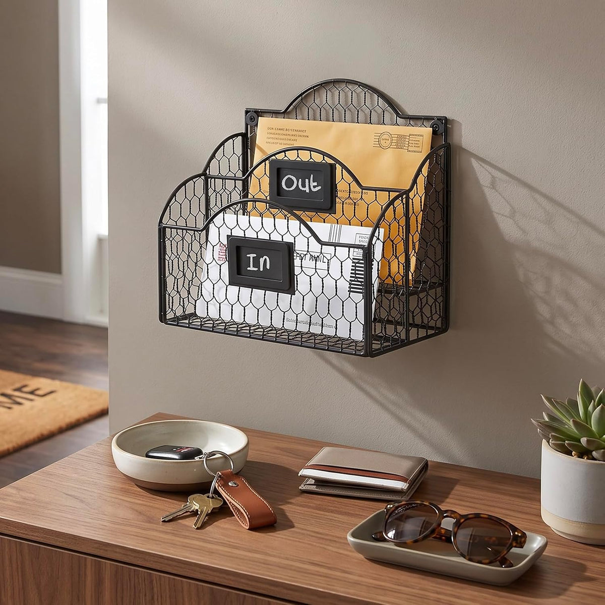 MyGift Black Mail Organizer, 2 Compartment Desk File Holder with Labels