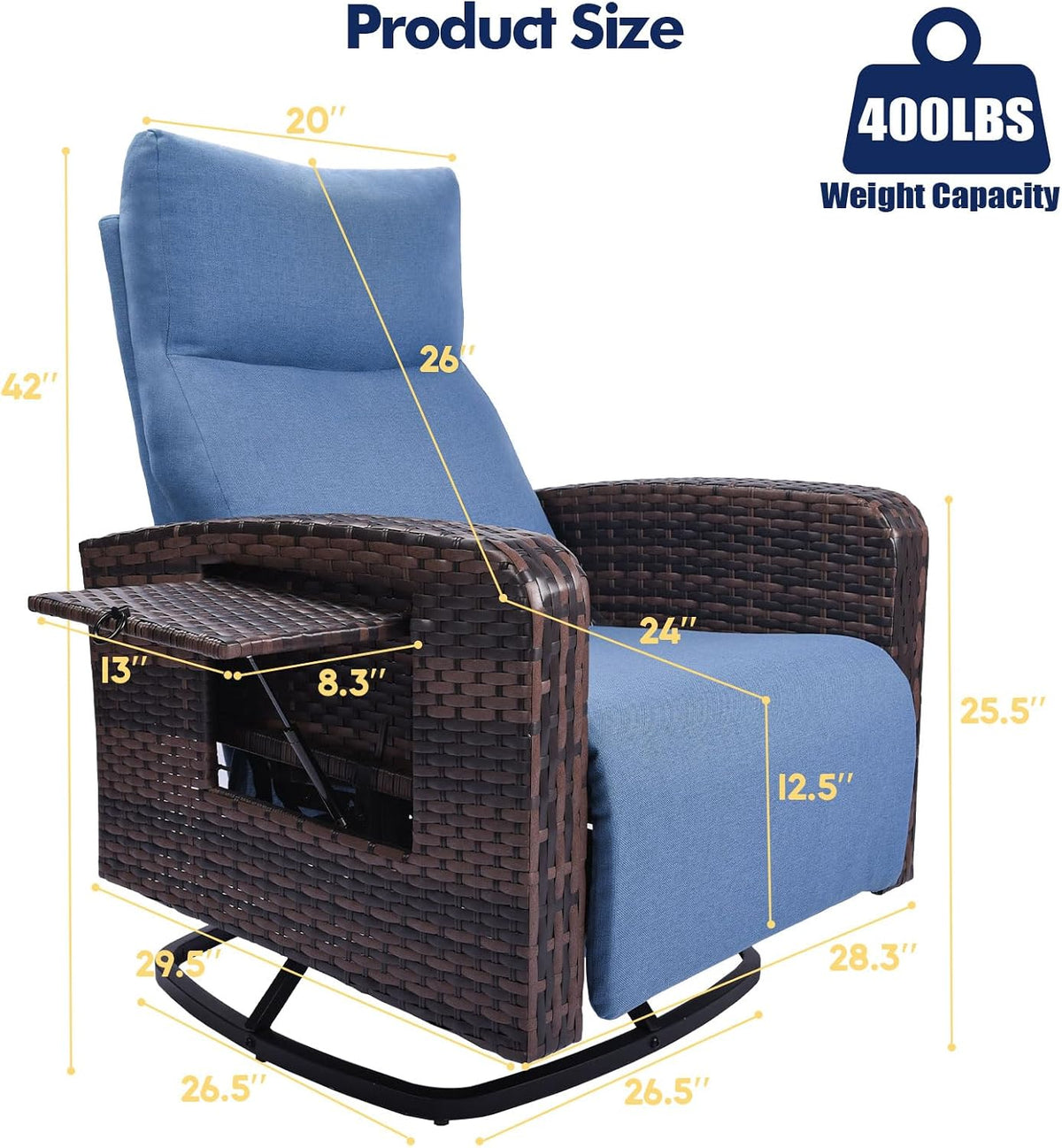 ZZW Outdoor Recliner Chair Set of 2, Wicker Patio Recliners with Adjustable Backrest and Extended Foot Rest, Reclining Patio Chairs with Flip Table & Removable Cushion Cover for Porch