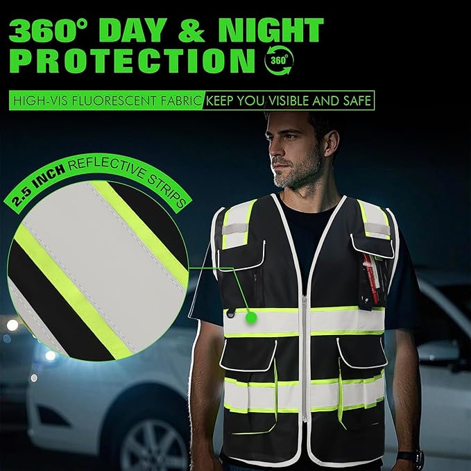 BeautyWill ANSI Certified Custom Logo Safety Vest 8-Pockets Class2 High Visibility Reflective Vest for Men - Personalized Logo Heavy-Duty Work Vest（Black，M）