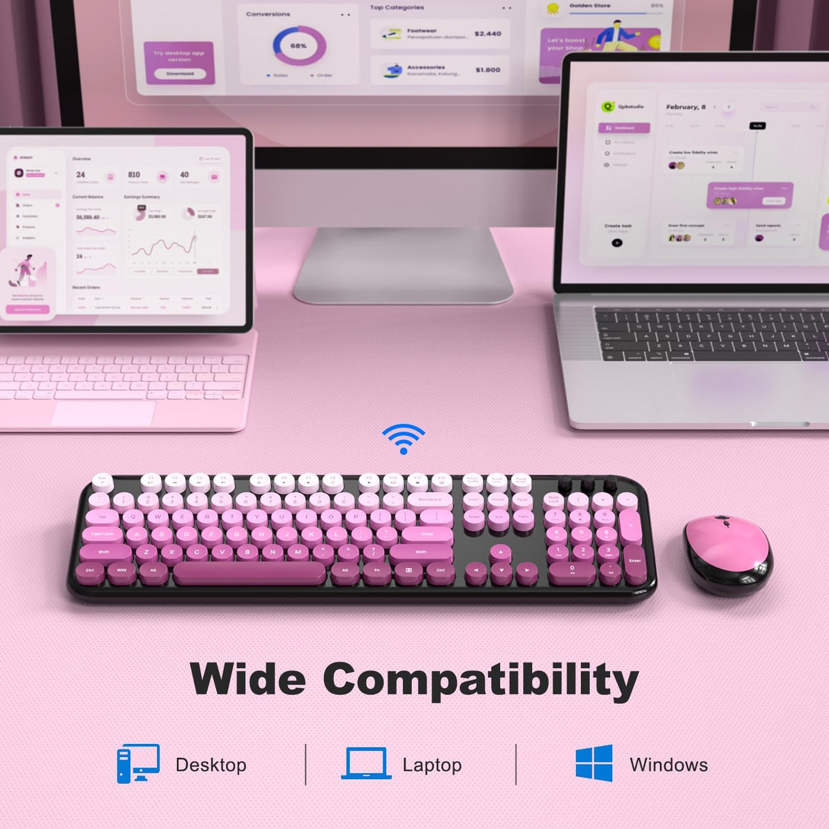 Dilter Wireless Keyboard and Mouse Combo, 104 Keys Full Size Typewriter Keyboards, 2.4G USB Plug and Play for Windows 7 8 10 11, PC, Laptop, Desktop, Black & Pink