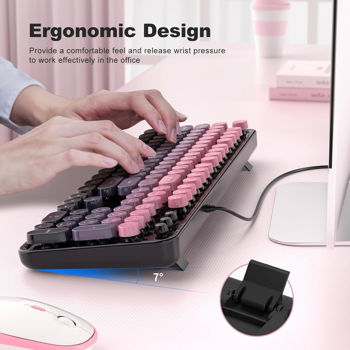 Wired Retro Keyboard, 104 Keys Full-Sized Typewriter Keyboards, Office Keyboard with Number Pad, Foldable Stands for Windows, PC, Laptop, Desktop (Plum Pink Gradient)