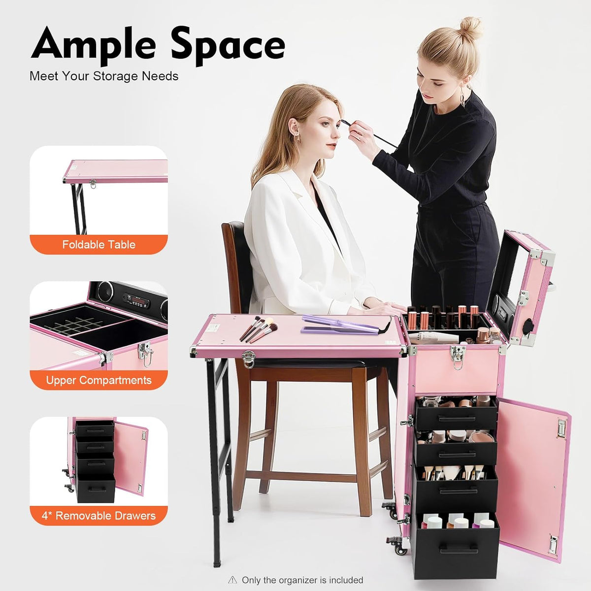 Foldable Rolling Travel Nail Desk, Professional Rolling Cosmetic Trolley with 4 Drawers & Lock, Trolley Storage Organizer for Makeup Artists, Stylists (Pink)