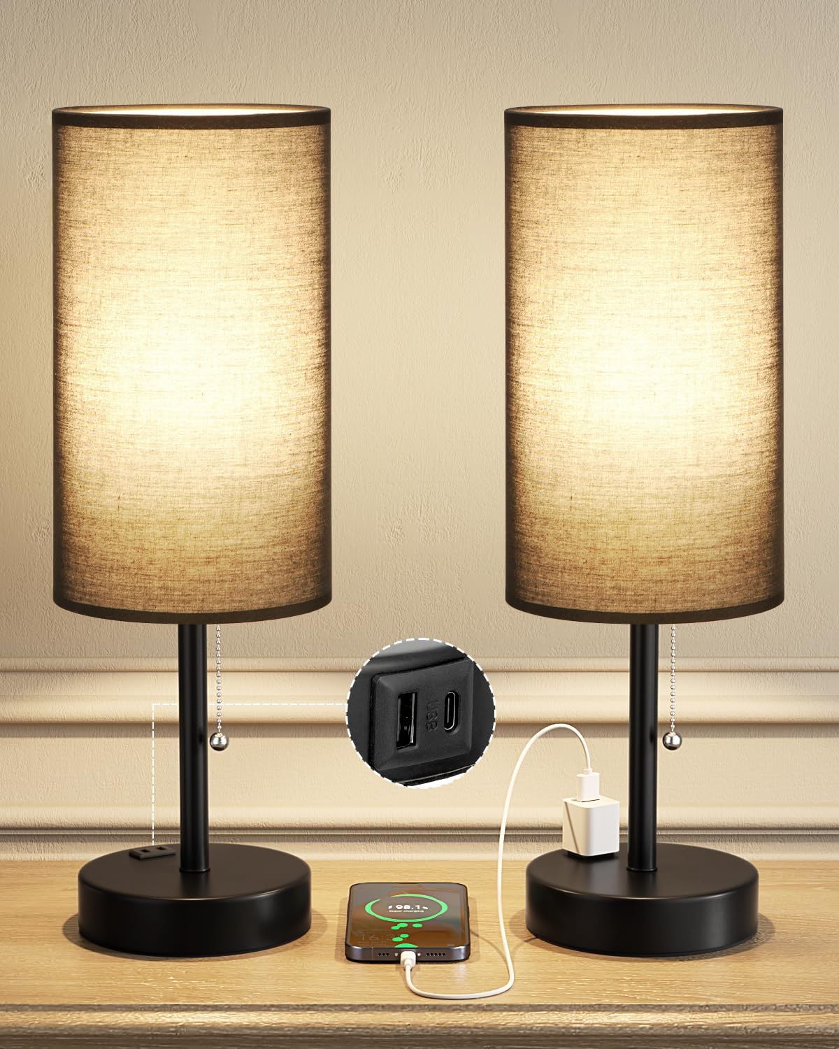 17.4" Black Bedside Table Lamps Set of 2 - Bedroom Lamp, USB C+A, AC Outlet