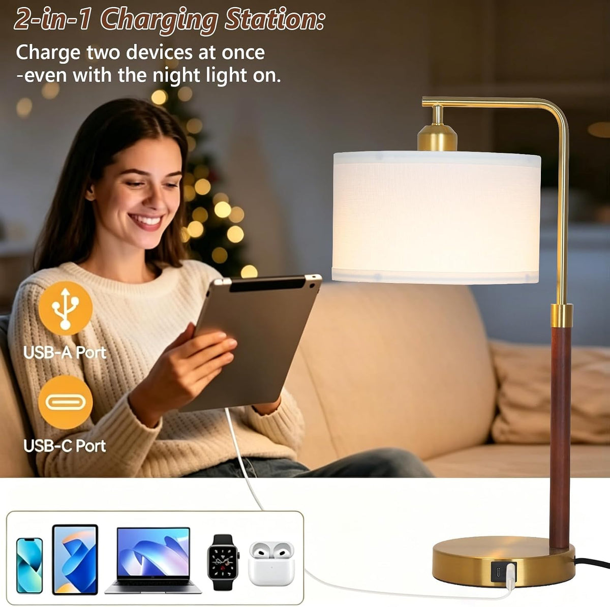 LAMSU Touch Lamp for Nightstand, Mid Century Table Lamp with Bulb, Solid Wood Pole, Dimmable Bedside Lamp with USB Charging Ports, Modern Gold Tall Desk Lamps for Bedroom Living Room Office