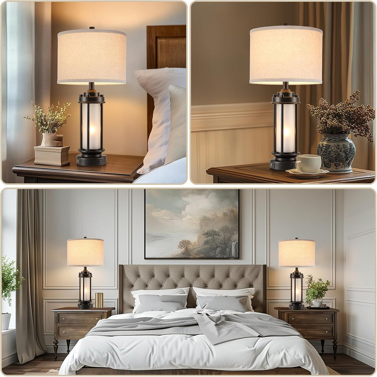 AIEAMPDO 25'' Set of 2 Modern Table Lamps for Bedroom with 2 USB C+A Ports