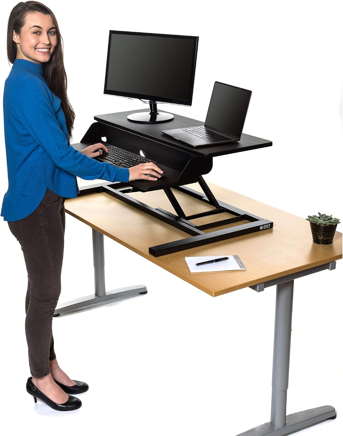 Stand Up Desk Store AirRise Pro Two Tier Standing Desk Converter Monitor Stand with Built-in Keyboard Tray (Black, 32" Wide)