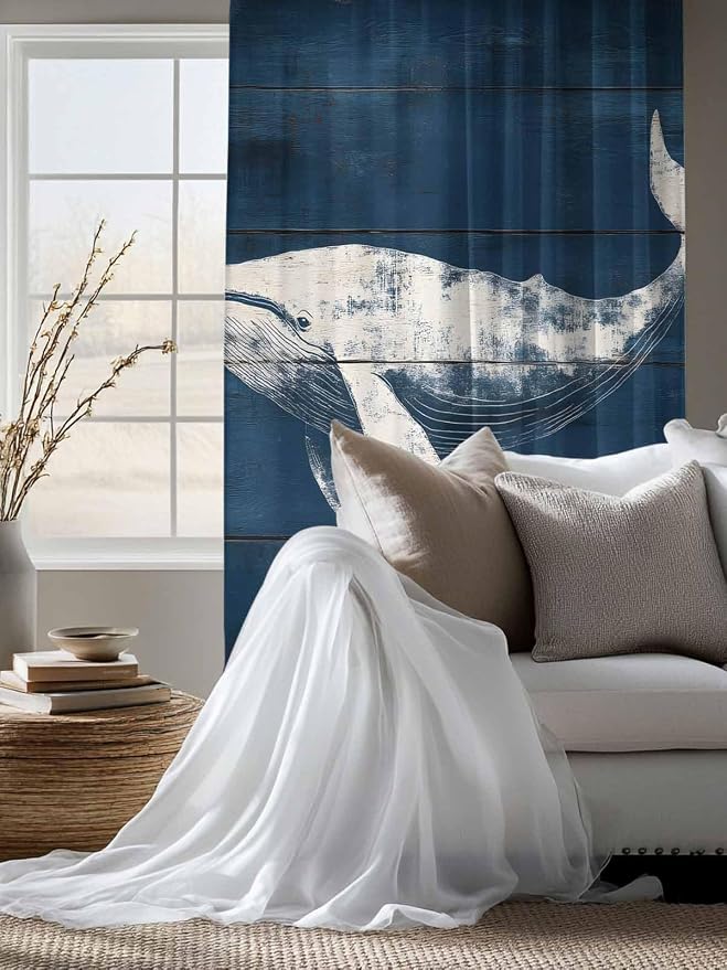 Sheer Curtains 72 Inches Long, Summer Whale Semi Sheer Curtains Light Filtering