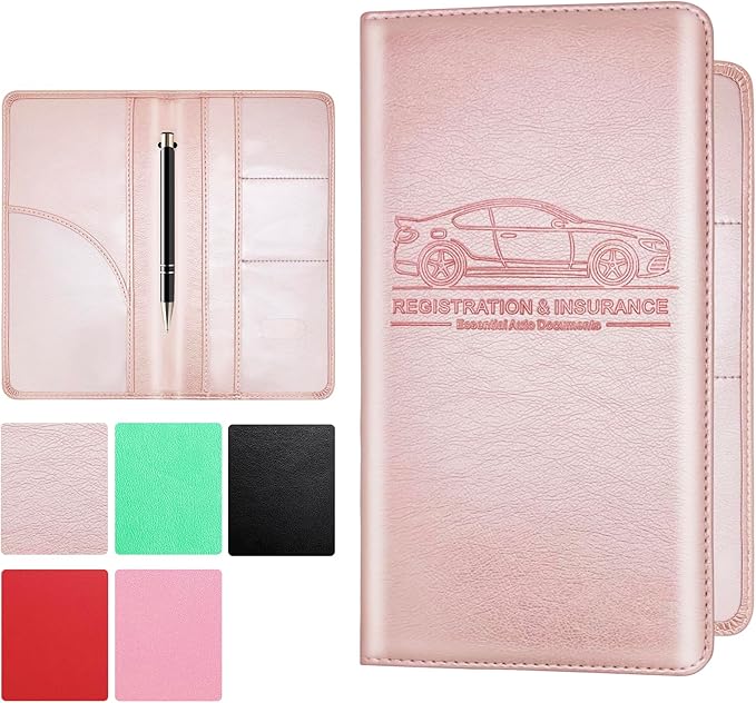 PLOJOP Car Registration and Insurance Card Holder, Leather Vehicle Insurance Card Holder Glove Box Compartment Organizer, Car Wallet Case for License Cards, ID Card, Business Card (Rose gold, L)
