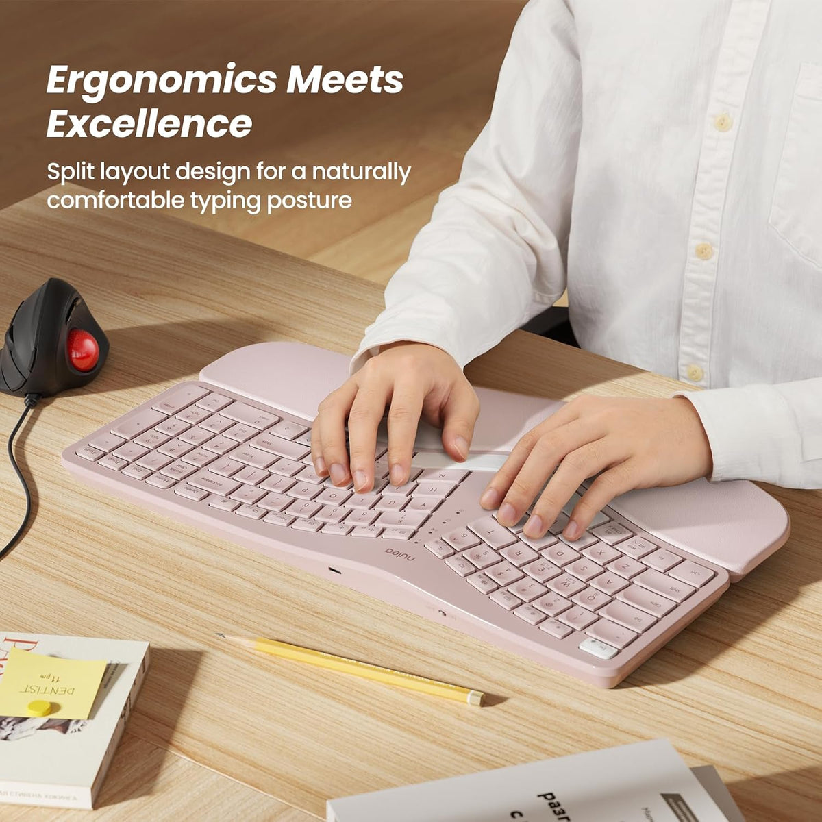 Nulea RT05 Wireless Ergonomic Keyboard, Split Keyboard with Wrist Rest, USB-C Charging, 7-Color Backlight, Natural Typing, Bluetooth and USB Connectivity, Compatible with Windows/Mac(Pink)