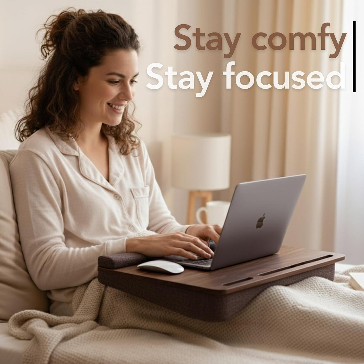 Vigo Wood Laptop Lap Desk with Cushion for Bed, Portable Home Office Tray Fits up to 17.3 Inch, Built-in Phone and Tablet Holder (Walnut & Brown)