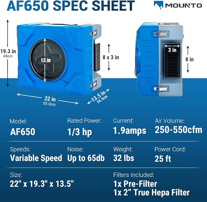 MOUNTO 550cfm Hepa Air Scrubber Industrial Air Cleaner- 550cfm Portable Air
