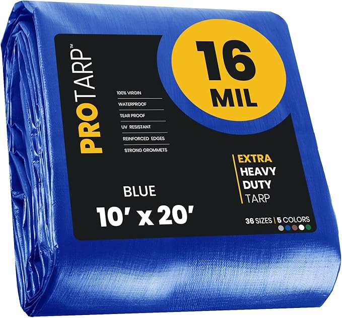 PROTARP Extra Heavy Duty 16 Mil Tarp Cover, Waterproof, UV Resistant, Rip and Tear Proof, Poly Tarpaulin with Reinforced Edges for Roof, Camping, Patio, Pool, Boat. (Blue 10′ X 20′)