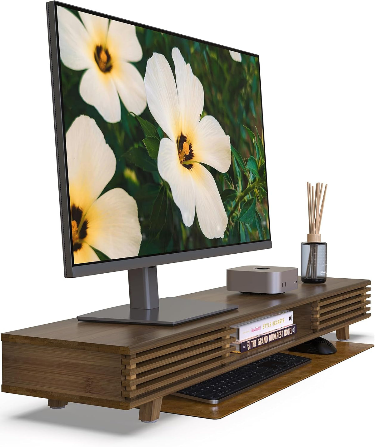 Computer Monitor Stand with Sliding Door,42 Inch,Toasted Bamboo