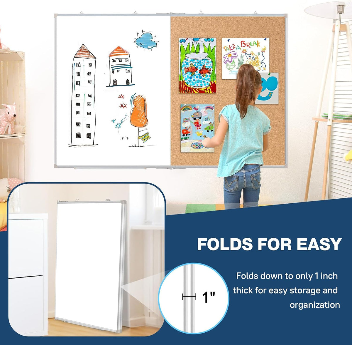 Large White Board Dry Erase Foldable Cork Board Combo 48x36 for Wall
