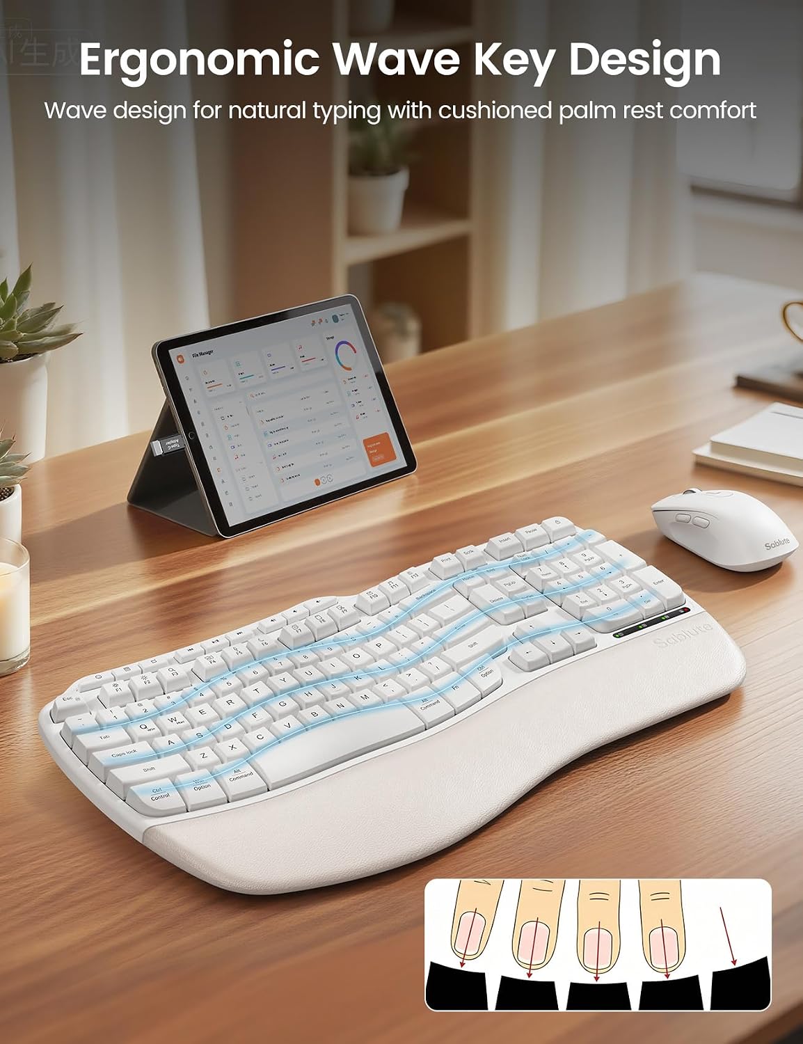 White Ergonomic Wireless Keyboard and Mouse Combo, 2.4G Full Size Ergo Wave Key Board with Cushioned Plam Rest, Natural Typing, 3 DPI Adjustable Silent Mouse for Computer/Laptop/Windows/Mac - Sablute