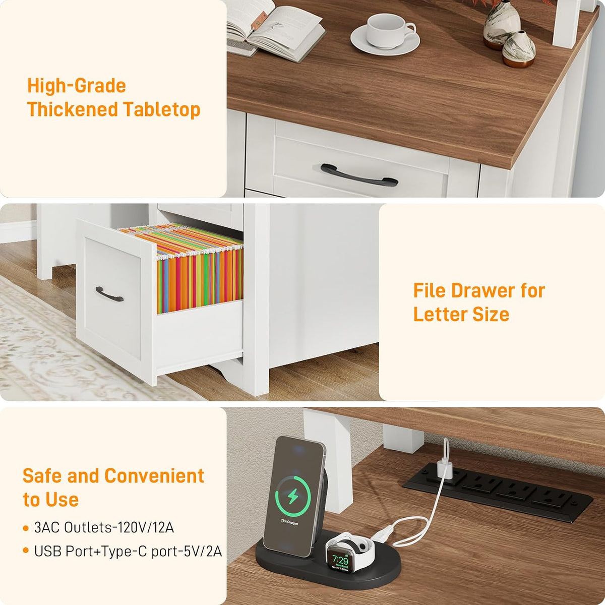 Vabches 47" Farmhouse Executive Desk with 3 Drawers,LED Lights,Unique White