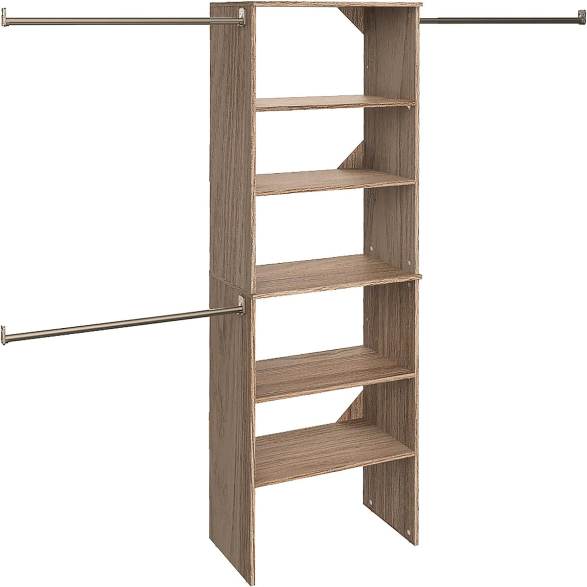 ClosetMaid SuiteSymphony Wood Closet Organizer Starter Kit with Tower and 3 Hang Rods, Shelves, Adjustable, Fits Spaces 5 – 10 ft. Wide, Natural Gray