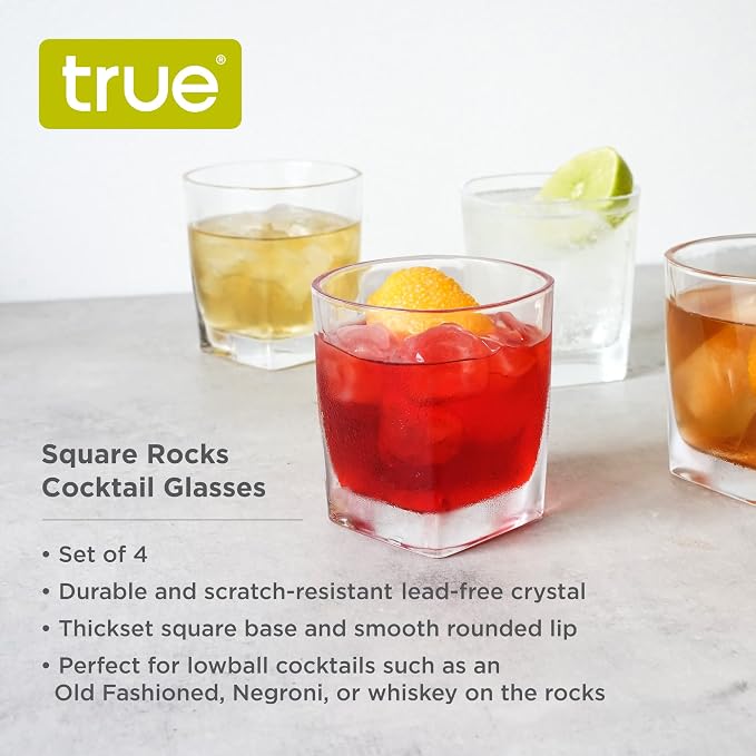TRUE Square Rocks Glass, Old Fashioned Whiskey Glasses, Superb Drinking Cups
