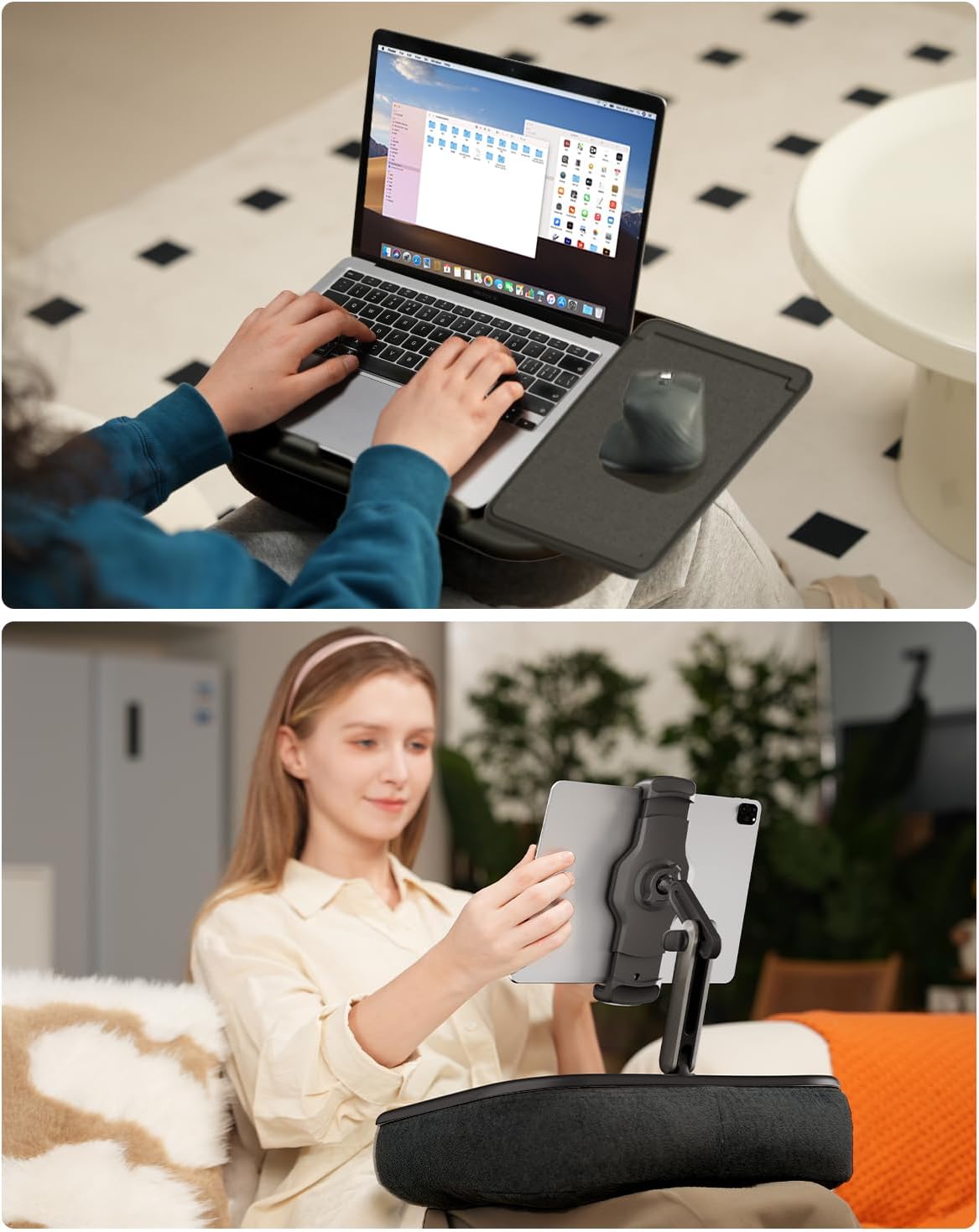Viozon Kindle Pillow Stand Holder, Phone holder for Bed, Laptop Lap Desk with Mouse Pad,Compatible with 4.7-13" Kindle/Tablet/Phone,10-15"Laptop, Snack Bowl&Cup Attachment&Detachable 360°Stand Arm, B