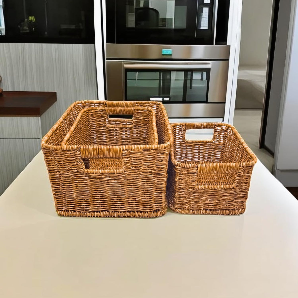 GIB Woven Storage Baskets for Organizing, Plastic Wicker Storage Baskets for Shelves, Waterproof Rectangular Storage Bins Organizers for Closet Pantry Table, Set of 3, Brown
