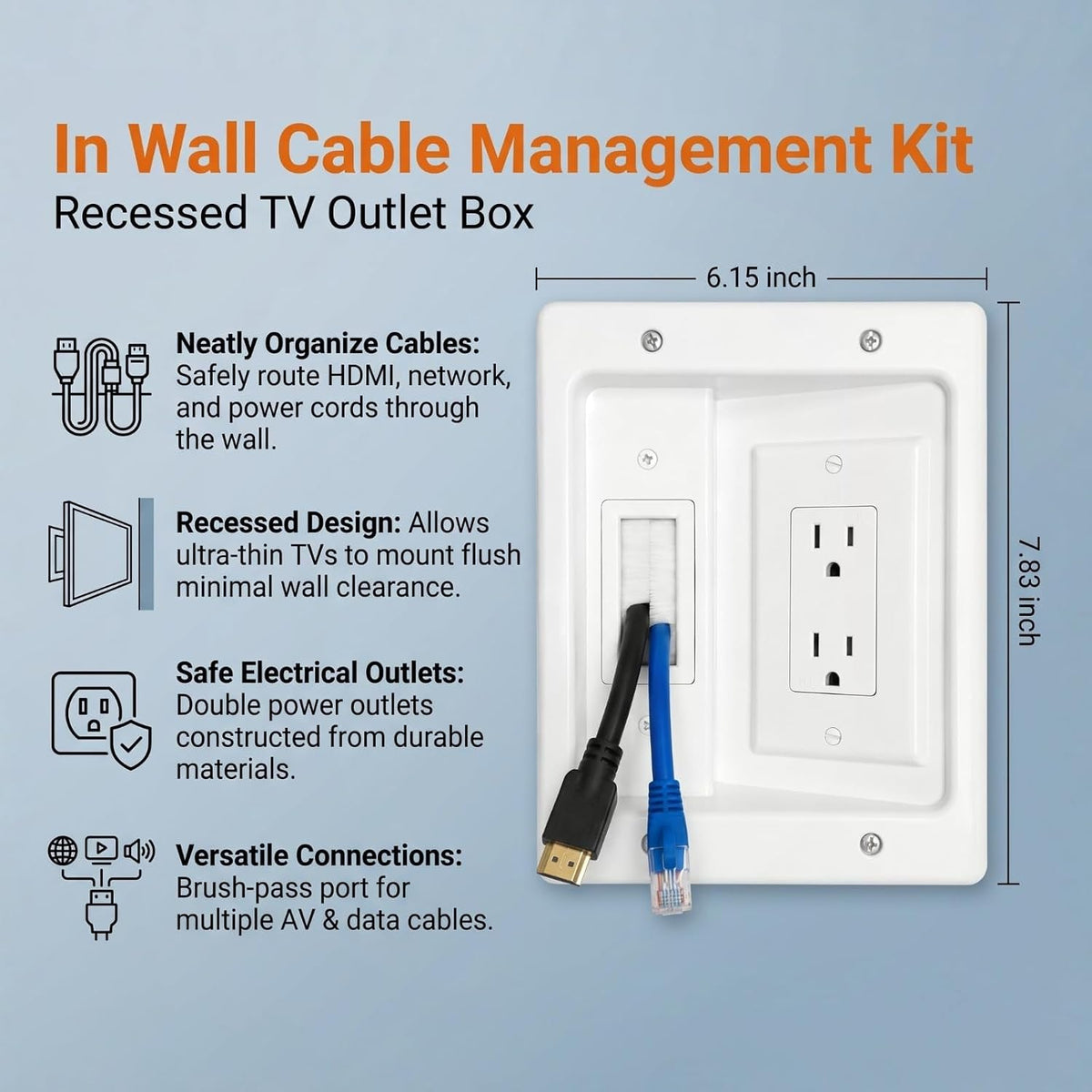 Wall Cable Management Kit, with 9ft Power Cord, Brush Wall Plate & Bracket