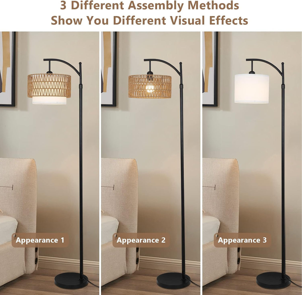 Arc Floor Lamp for Living Room with 3 Color Temperatures, Farmhouse Floor Lamps with Remote & Dimmable Bulb, Boho Standing Lamp with Rattan & Fabric Shades, Adjustable Tall Lamp for Bedroom, Office