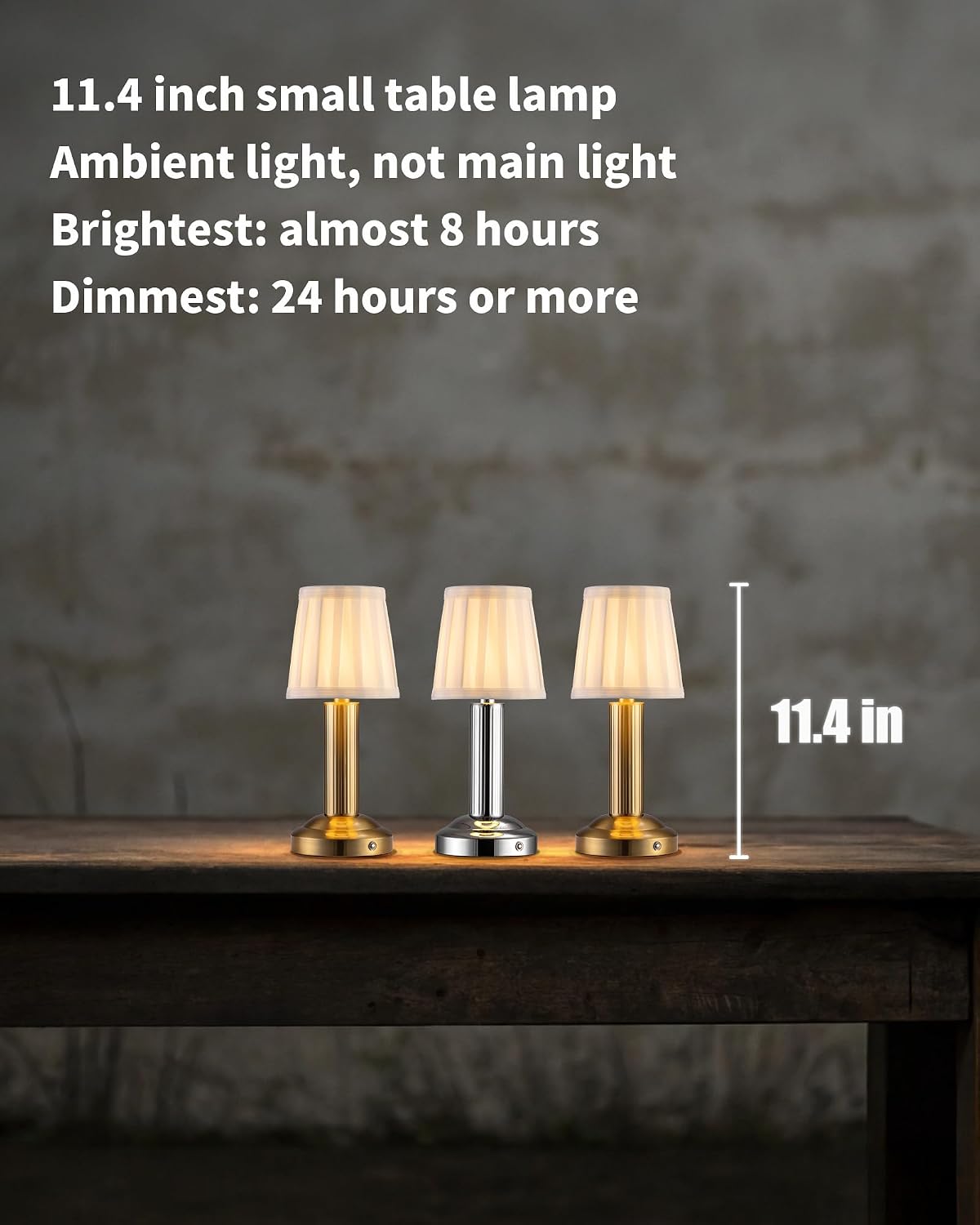 Small Cordless Table Lamp 2 Pack, Gold Fabric Shade LED Touch Lamps