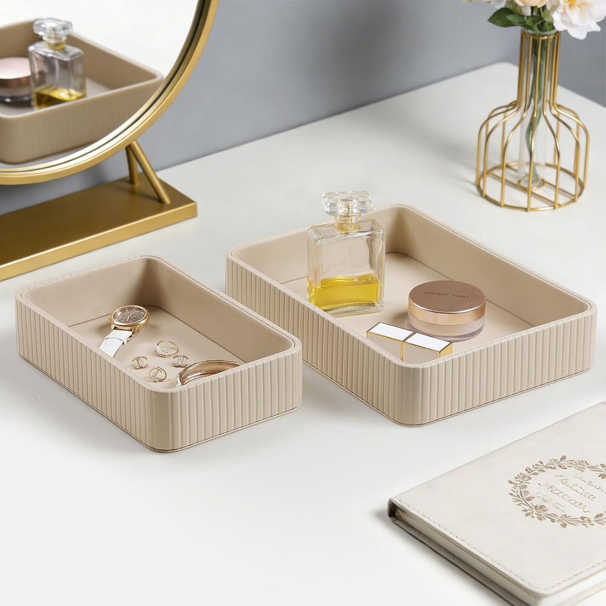 Desk Organizer Tray, PU Leather Nightstand Organizer, Beige 2-Pack