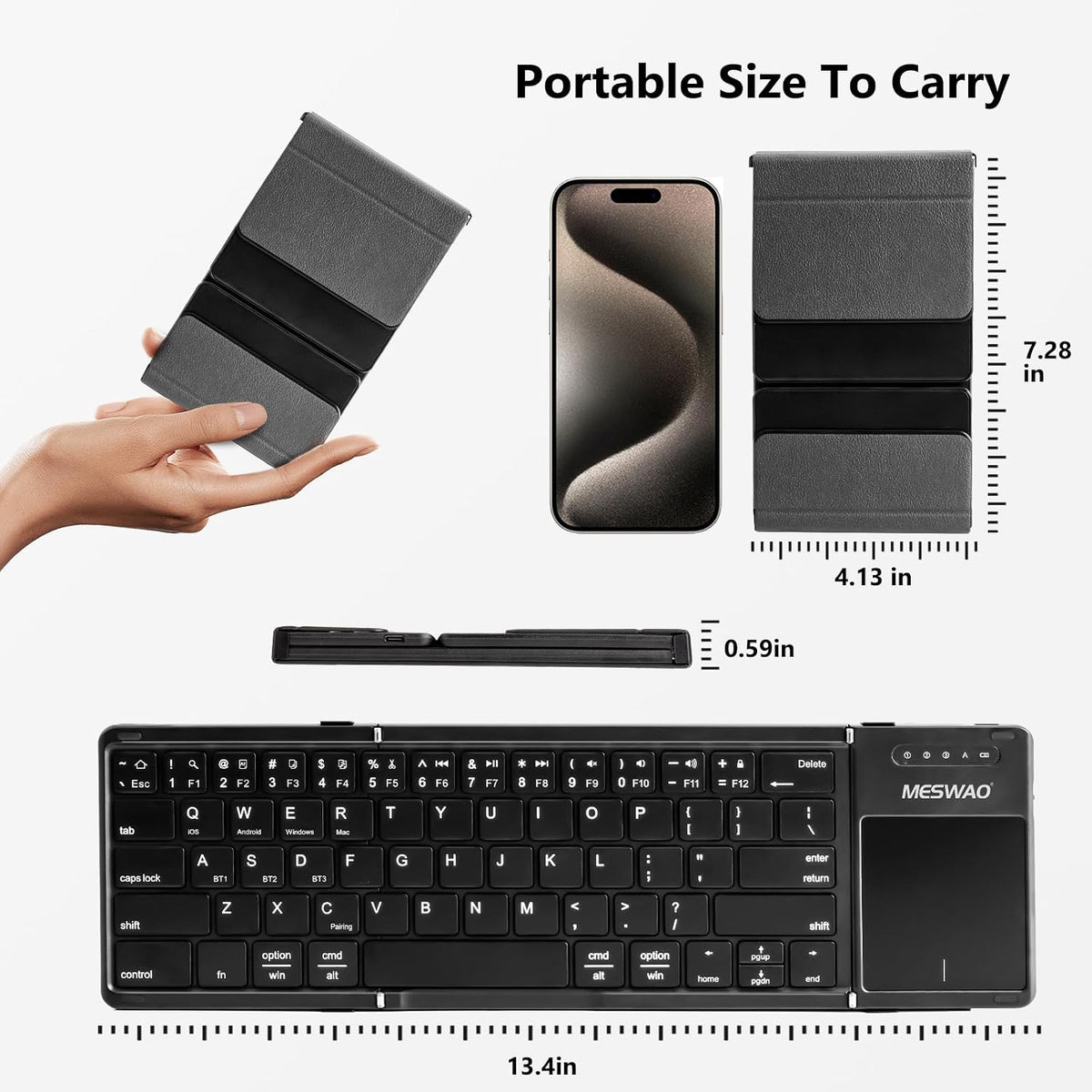MESWAO Foldable Bluetooth Keyboard with Touchpad, Wireless Folding Keyboards with PU Leather (Sync up to 3 Devices), Full-Size Portable Keyboard for Android/Windows/iOS