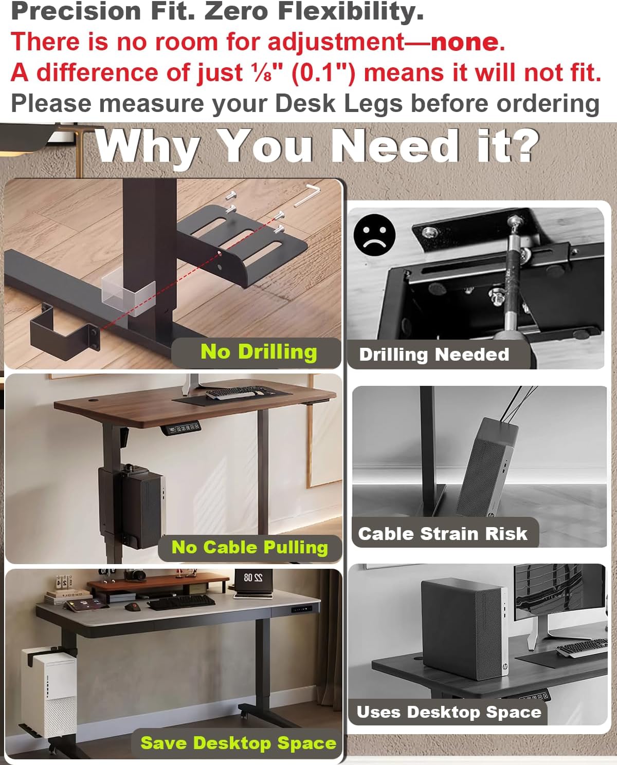 Under Desk PC Mount No Drill Clamp Holder CPU Stand Fits 80x50mm