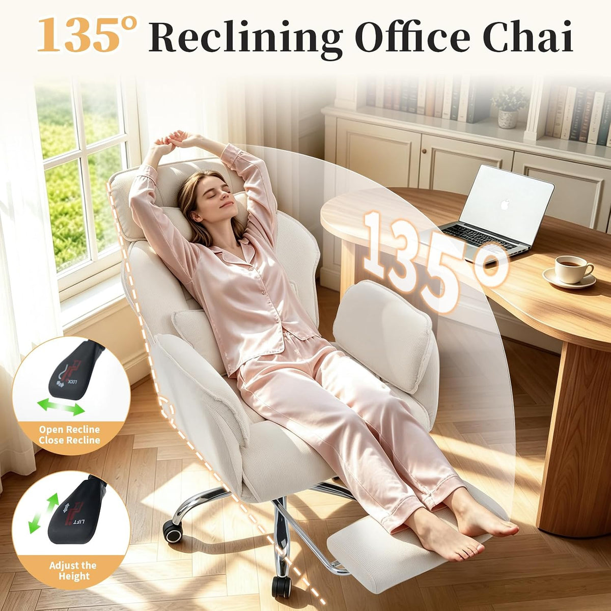Criss Cross Office Chair with Footrest - 5-Gear Flat Armrests Corduroy Desk Chair, Reclining Wide Ergonomic Computer Chair with Lumbar Pillow, High Back Swivel Vanity Chair