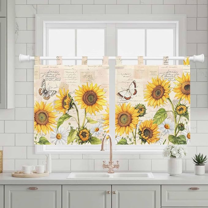 Yellow Sunflowers Kitchen Curtains 24 Inch Length, Small Window Curtains Tab Top