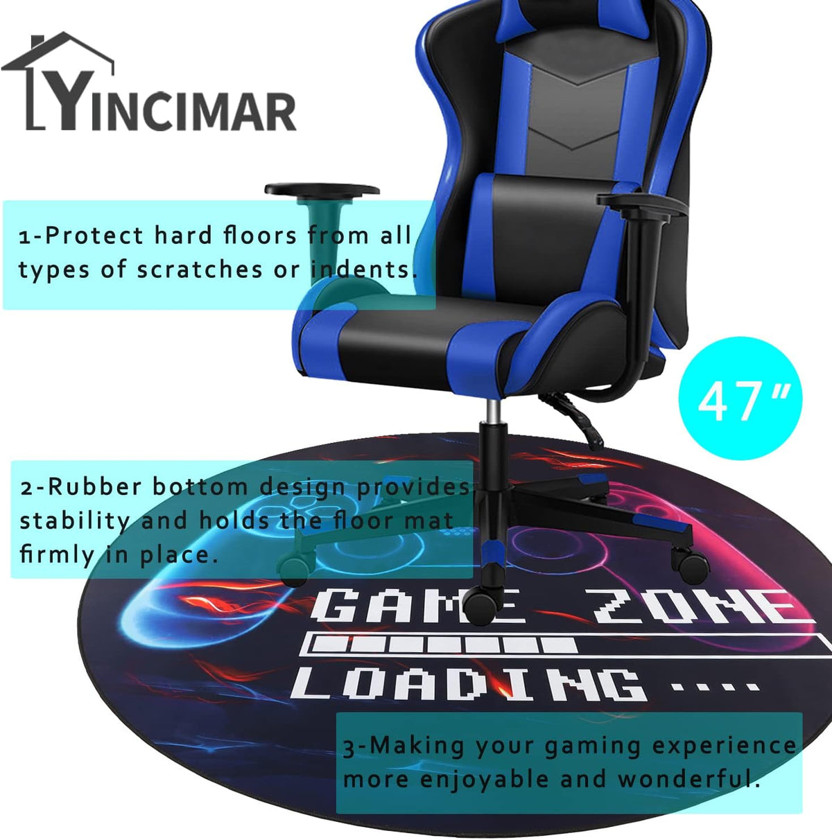 Yincimar Gaming Chair Mat for Hardwood Floor,Anti-Slip Floor Protector Game Controller Rubber Gaming Computer Chair Mat for Gaming Room Home Office Decor (Round 47 inches,Black)