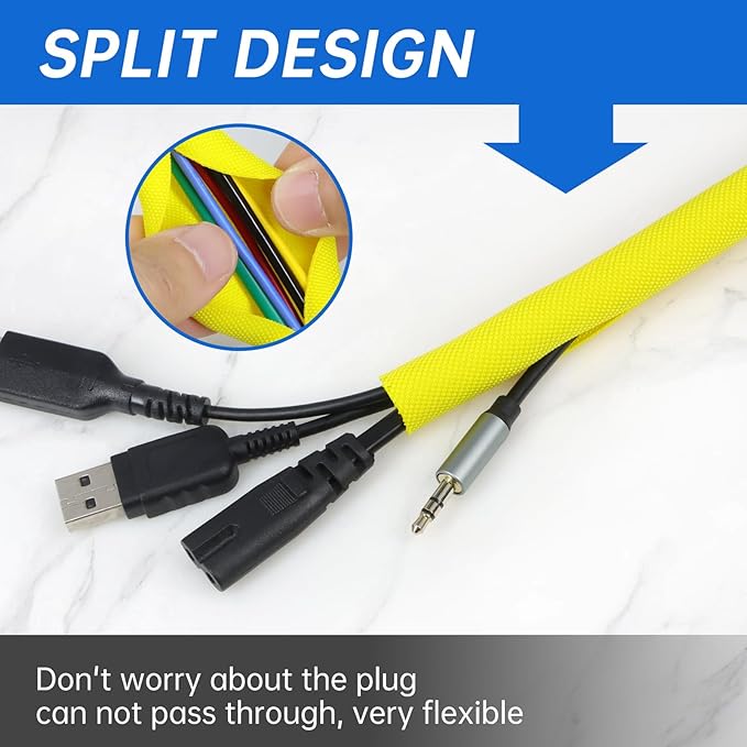 Split Braided Cable Sleeve，Flexible Wire Loom Tubing, Automotive Cord Protector Pet Proof, Cable Management for Computer TV Electric Wires Harness 16ft (Yellow, 13mm（1/2")