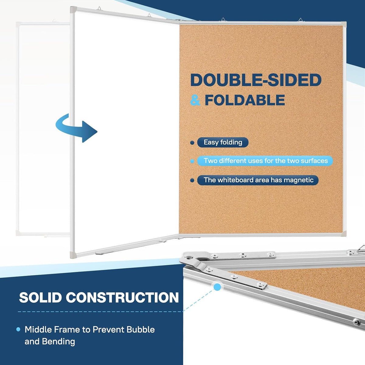 Large White Board Dry Erase Foldable Cork Board Combo 48x36 for Wall