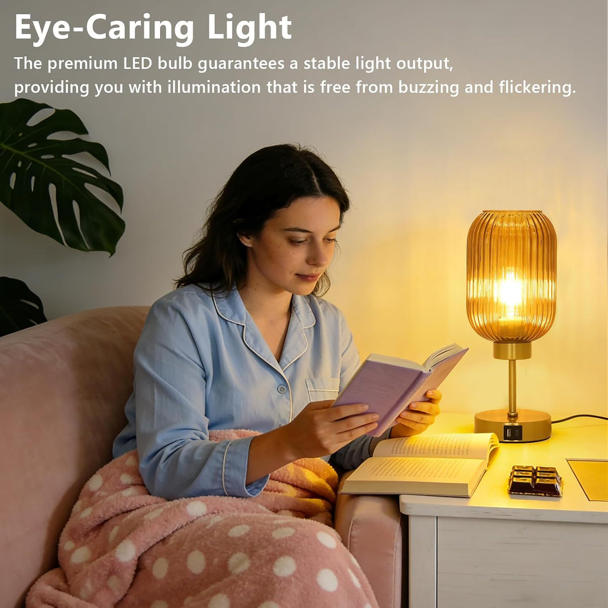LAMSU Vintage Gold Touch Table Lamp, Small Desk Lamp with Amber Glass Shade, Bulb, Charging Port, Mid Century Modern Bedside Lamp, 3 Way Dimmable Nightstand Lamp for Bedroom Living Room Home Office