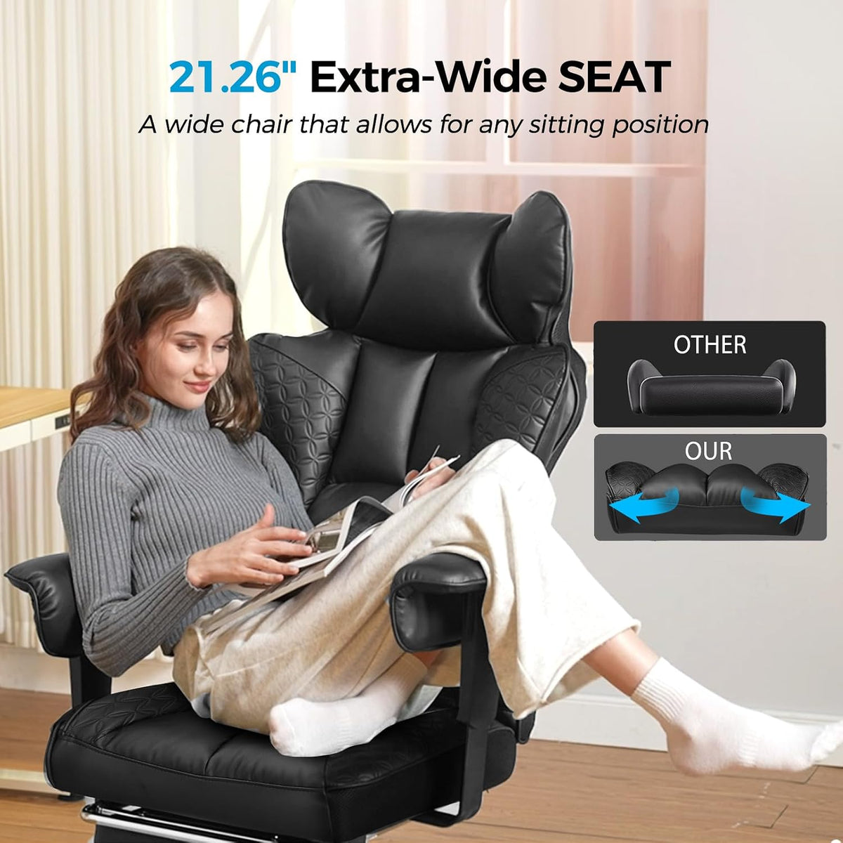 COMHOMA Big and Tall Office Chair Heavy Duty Wide Ergonomic Gaming Chair with Deluxe Embossing Leather with Foot Rest 145°Reclining Adjustable Armrests Pocket Spring Back Support and Without Pillow