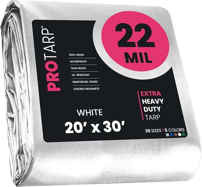 PROTARP Extreme Heavy Duty 22 Mil Tarp Cover, Waterproof, UV Resistant, Rip and Tear Proof, Poly Tarpaulin with Reinforced Edges for Roof, Camping, Patio, Pool, Boat. (White 20′ X 30′)