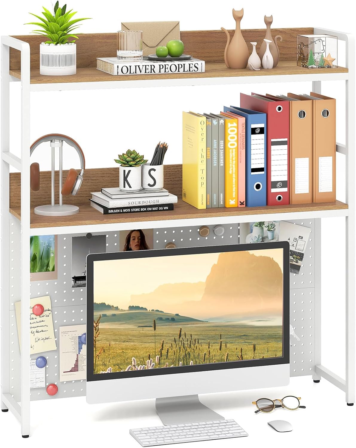 GIANTEX Desktop Bookshelf, 2-Tier Desk Hutch Dorm with Pegboard for up to 32" Computer Monitor, Industrial Countertop Storage Organizer Rack, Desk Shelf for Home Office (Natural)