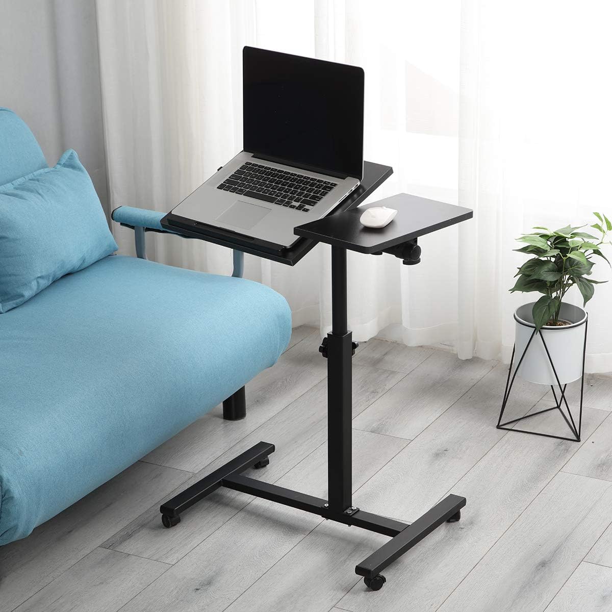TigerDad Overbed Bedside Desk Mobile Rolling Laptop Stand Tilting Overbed Table with Wheels Height Adjustable Tray Table for Laptop Bed Sofa Side Table, Home & Hospital Use (Black)