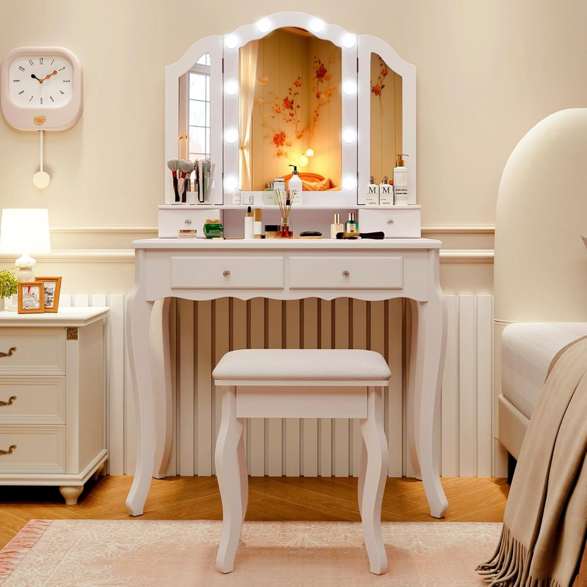 CHARMAID Vanity Desk with Mirror and Lights, Tri-Folding Lighted Mirror