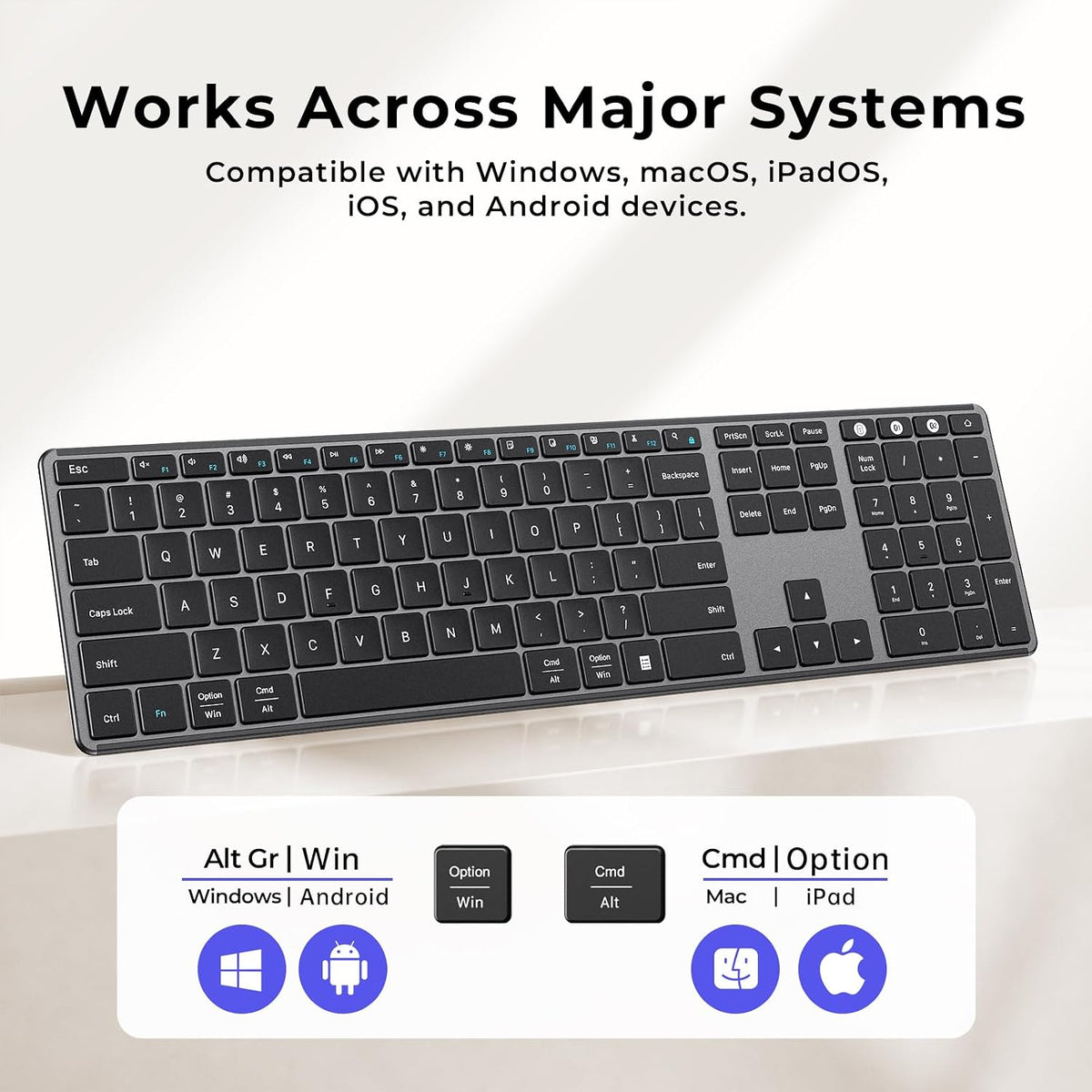 seenda SK64-3 Rechargeable Bluetooth Keyboard, 3-Device, Black Gray
