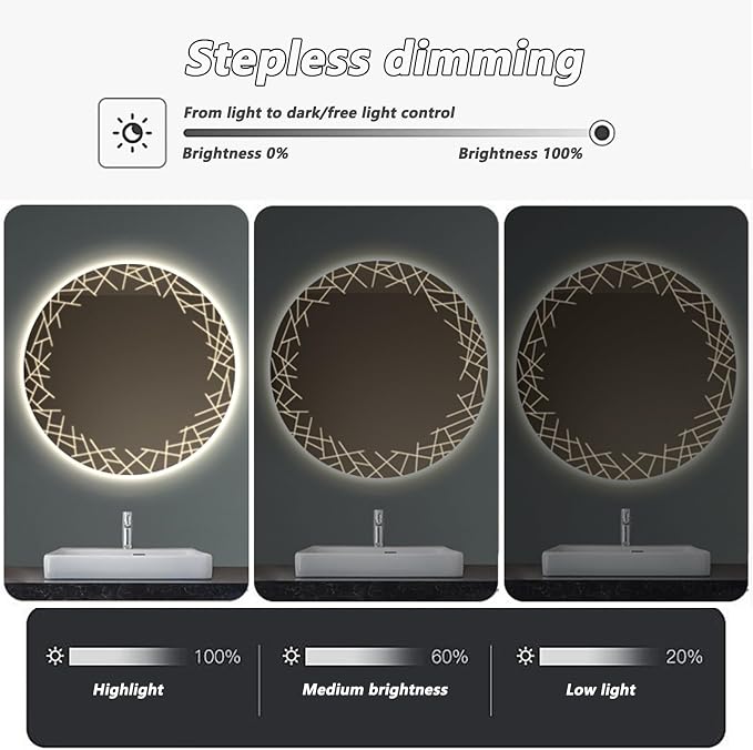 Bathroom Mirror with LED Lights, Wall Mirror with Touch Sensor, Round Mirror