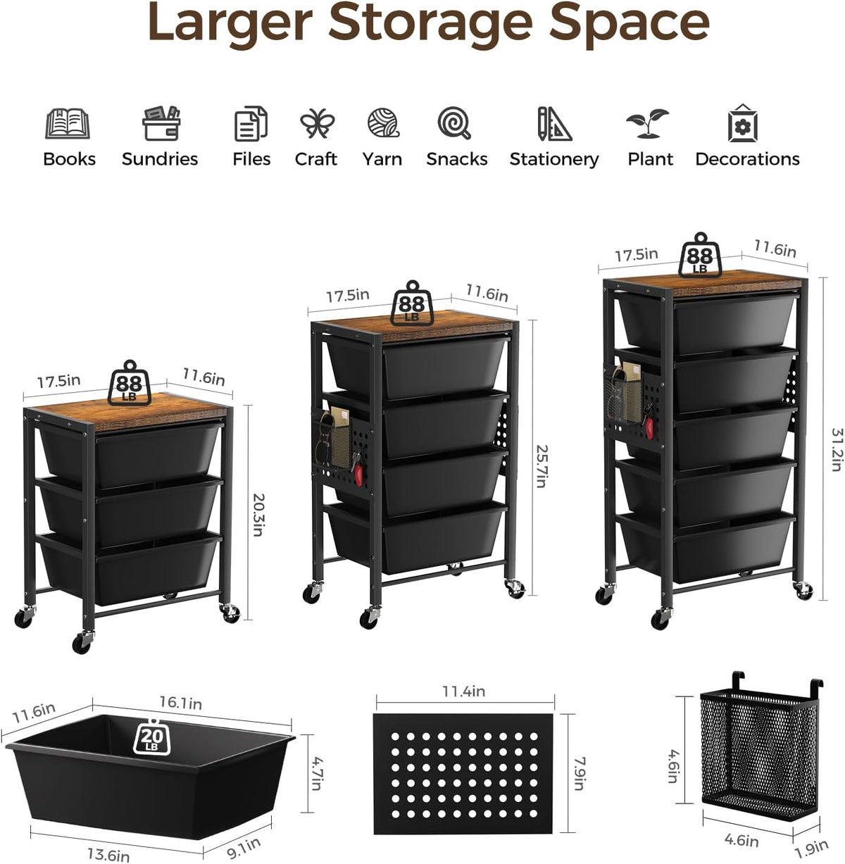 Rolling Cart with 3 Drawers, Plastic Drawer Storage Carts with Lockable Wheels & Wooden Tabletop, Metal Utility Cart Organizer, Office Bedroom Classroom Craft Organization and Storage, Dark Black