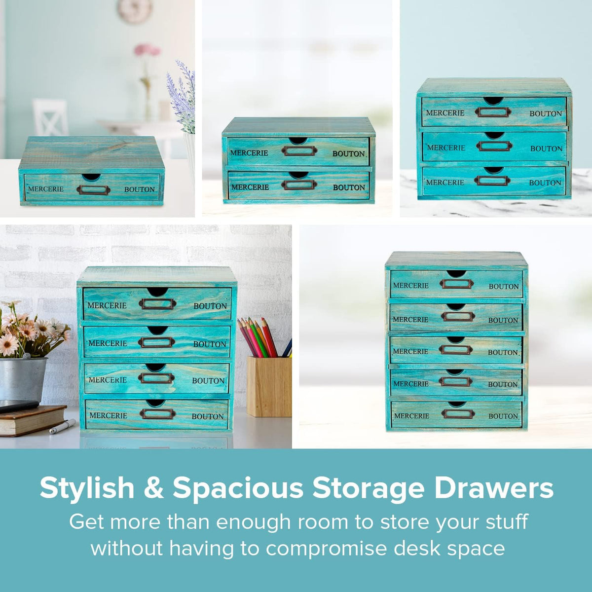 5-piece Full Matching Set Turquoise Wooden Cabinets,European Country Style Desk Organizer Boxes,Multi-level Teal Wooden Stackable Drawers,Countertop Organizer Drawers w/ Label Holder,Desktop Chests