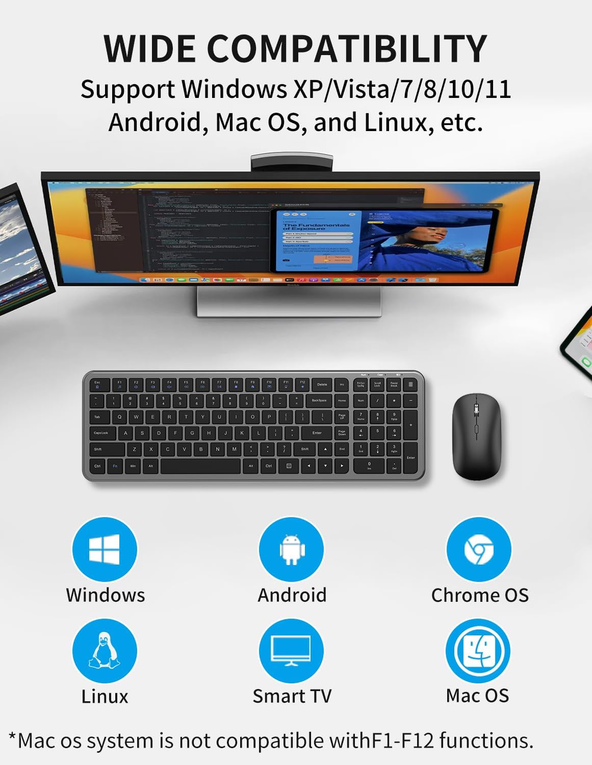 Wireless Keyboard and Mouse Combo, Slim Compact Full Size Flat Keyboard with Calculator Button, Silent Computer Mouse, 2400 DPI, 2.4G USB Cordless Set Suitable for Laptop PC Windows Mac - Gray ﻿