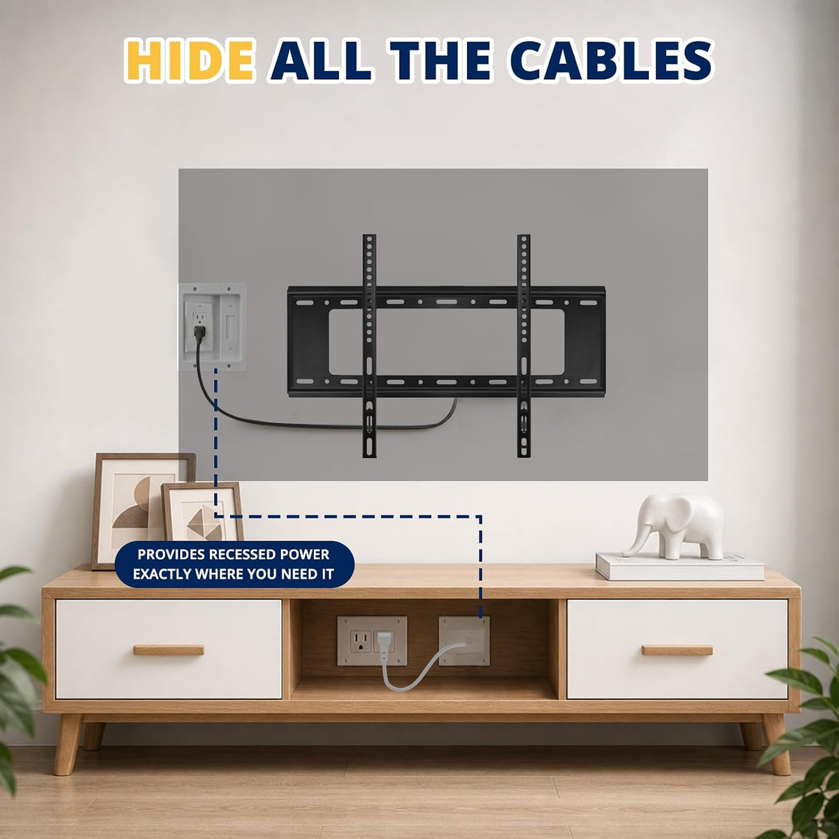 in Wall Cable Management Kit, TV Cable Hider Wall Kit, Hide Messy Wires, Recessed Outlet Box with 9.8FT Cord for Wall Mount TV, Home Theater, Cords Organizer, Living Room, Family Room, Office